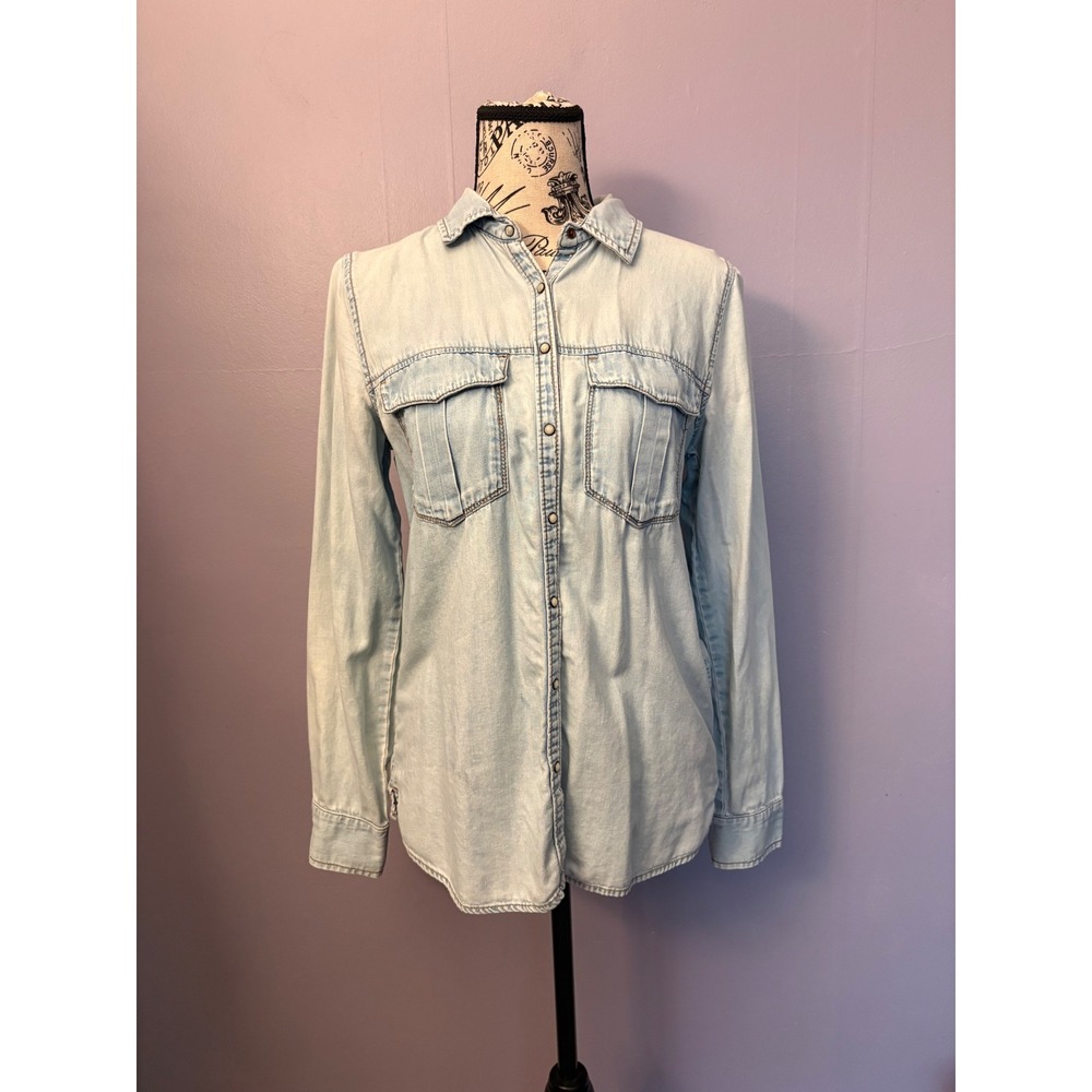 Pull&Bear Womens Light Wash Denim Snap Front Western Shirt Blue Size M